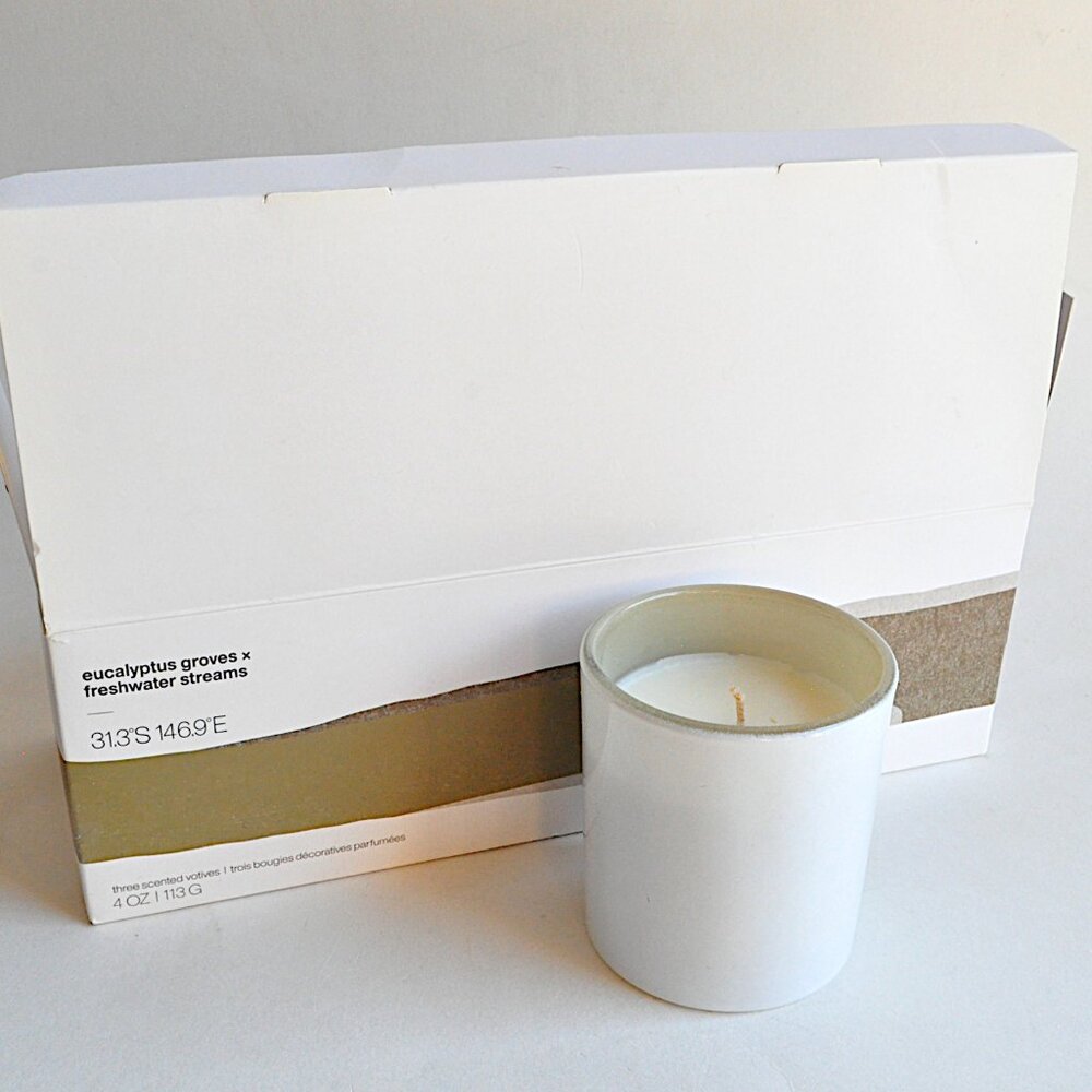 Crate & Barrel Scented Candles Eucalyptus Groves Freshwater Streams Gibson Dehn